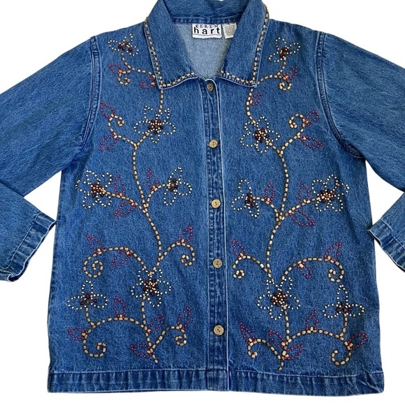 KEREN Hart Vintage 90s Floral Beaded Embellished Denim Shirt Shacket Boxy Fit S - Picture 8 of 16